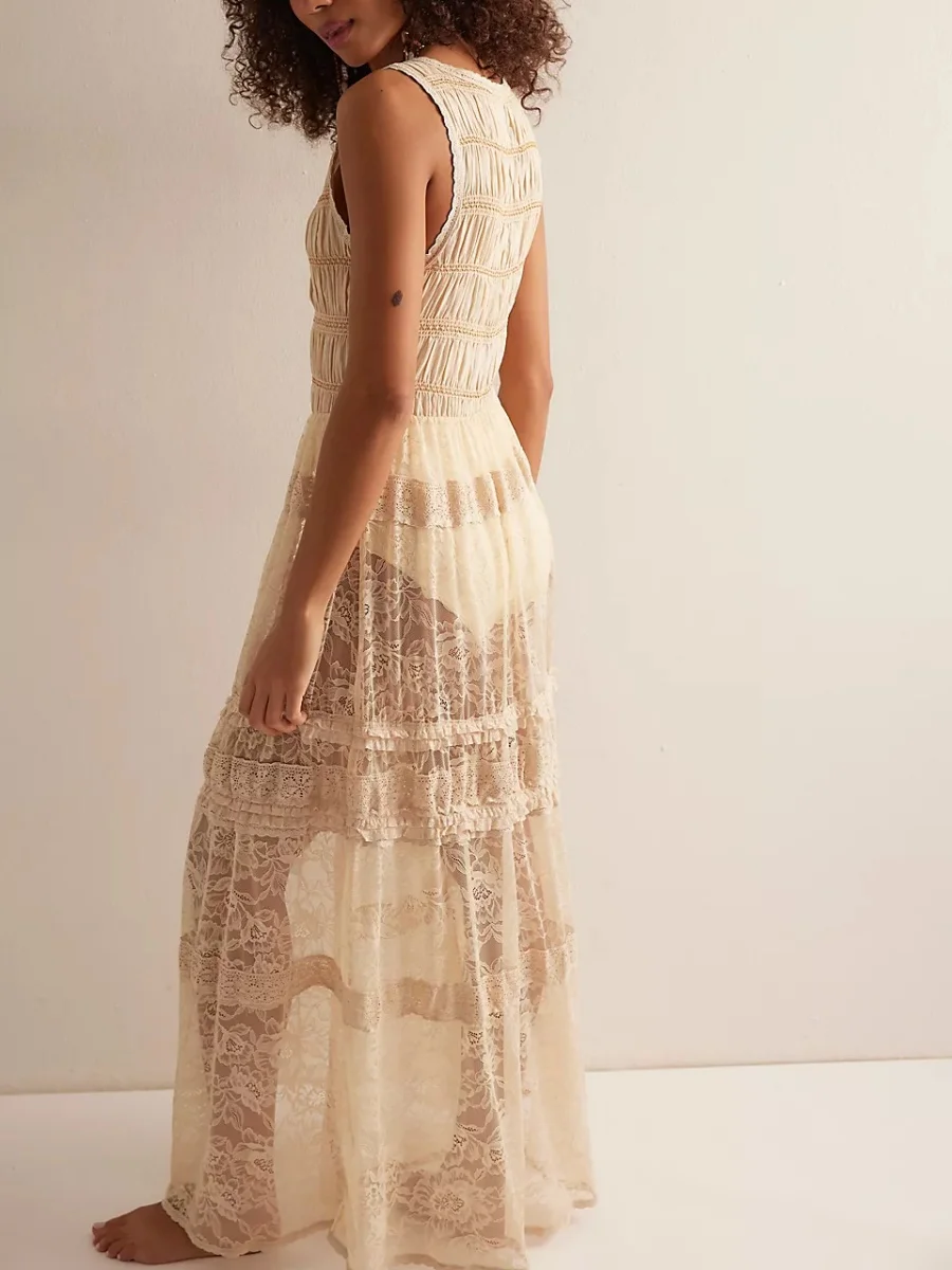 Womens French Style Lace Patchwork Bodysuit Dress Ruched Sleeveless V Nech Split Hem Sheer Mesh Long Dresses  Summer