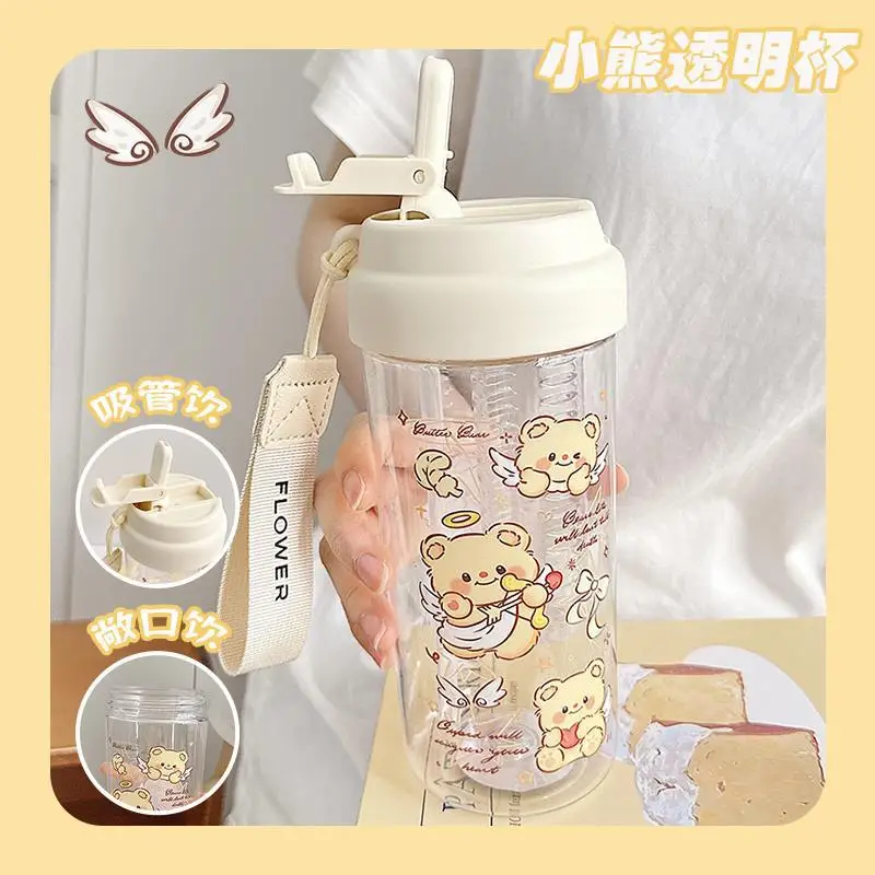 Para gran capacidad con taza de agua de oso de té, taza divisoria de plástico portátil, taza de paja transparente de mantequilla de verano de alto valor