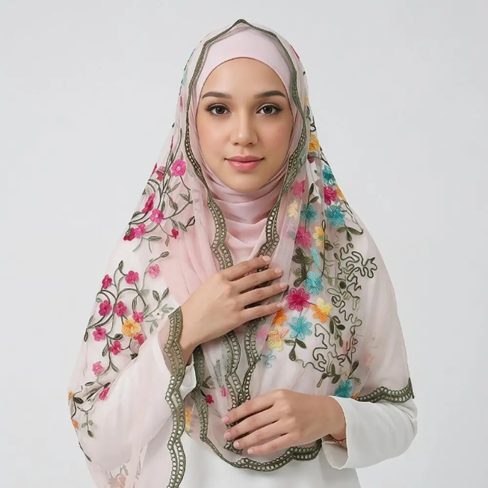 

Lace Organza Floral Embroidered Hijab, Breathable Lightweight Long Shawl for Muslim Women Daily Wear Fashion Headscarf