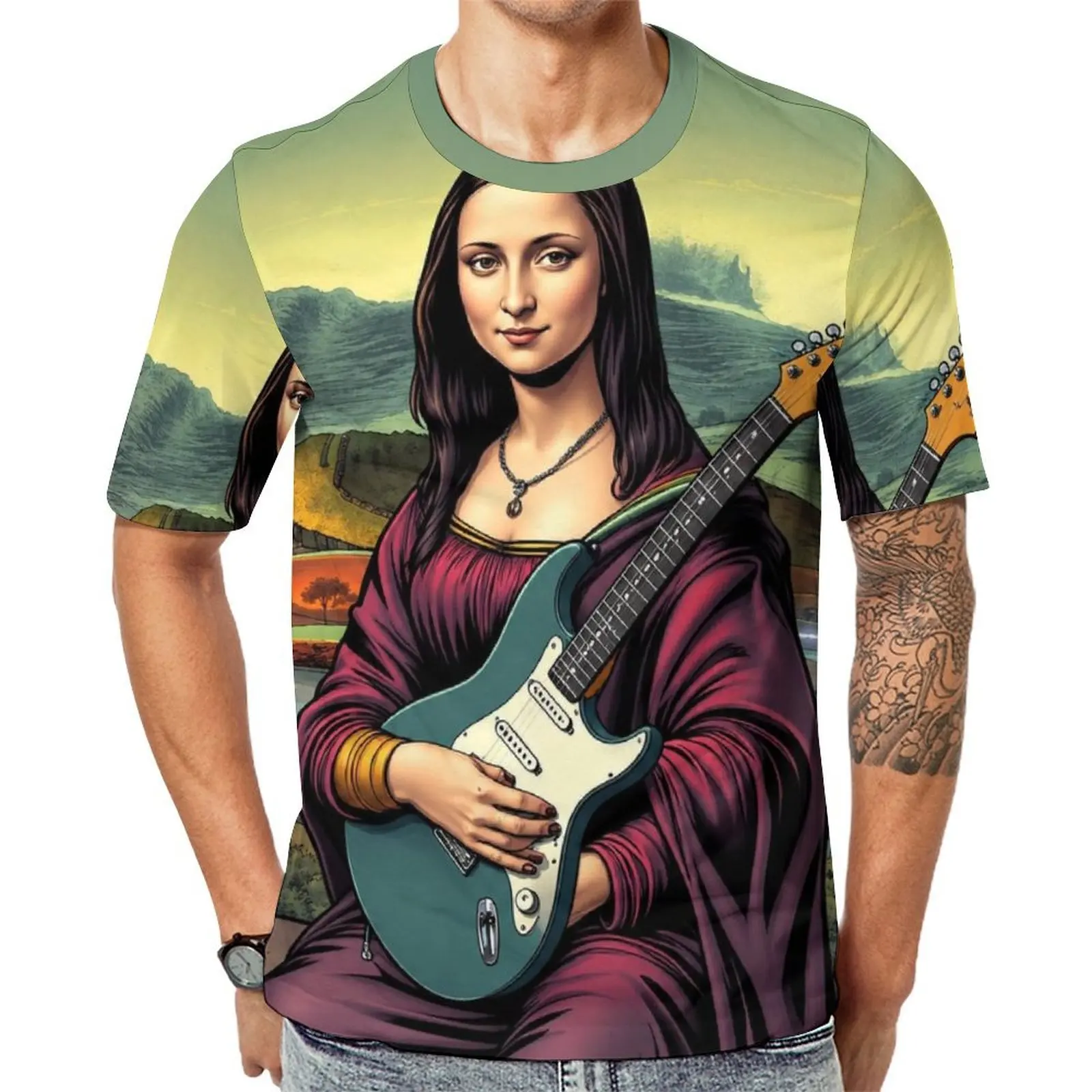 Summer T Shirt Mona Lisa Electric Guitar Comic Art T Shirts  Classic Fashion Tees For Men Short Sleeve Custom Big Size Tops