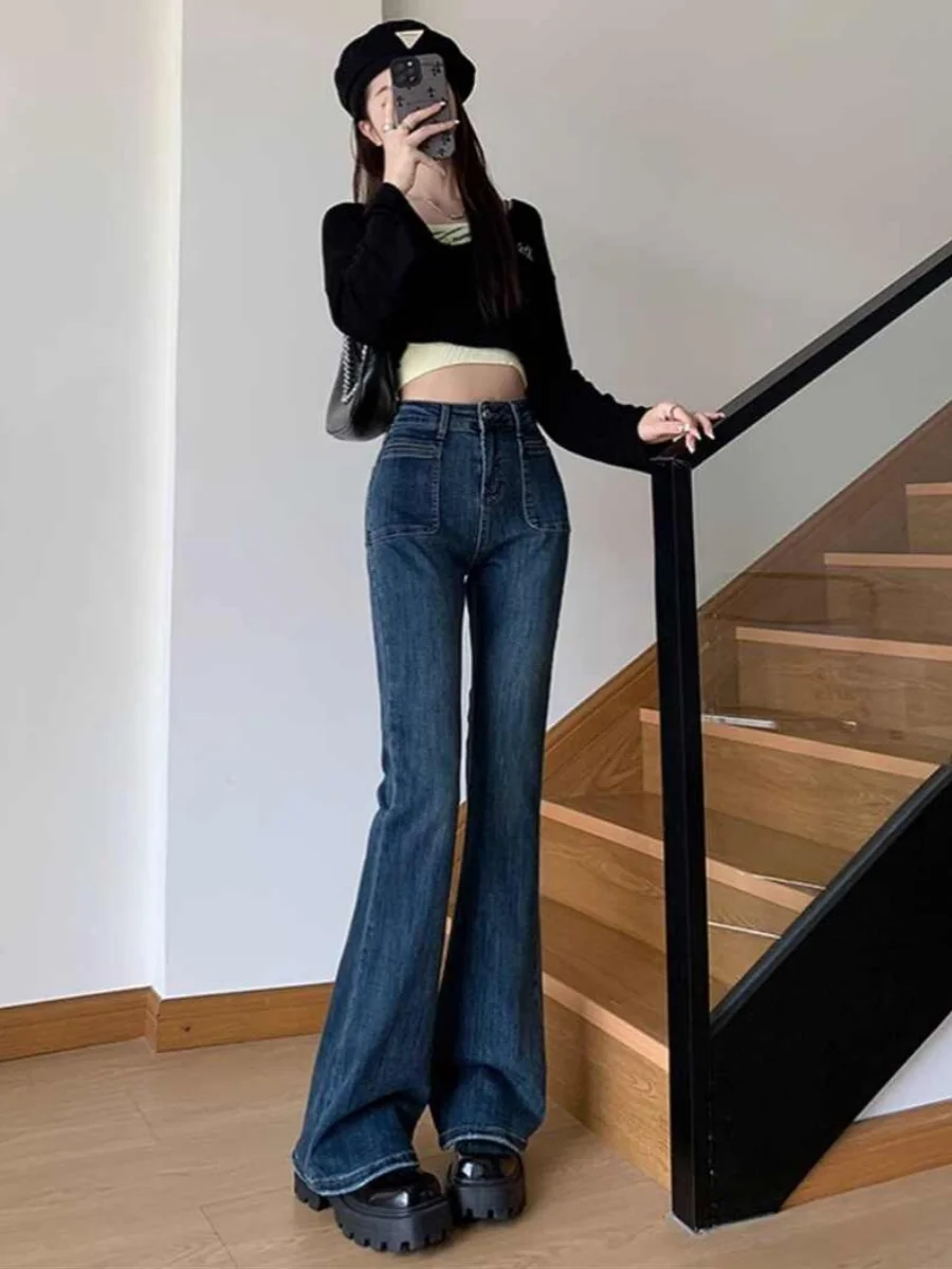 ريترو Fce اصطف عالية الخصر واسعة الساق مايكرو متوهج الجينز المرأة الخريف الشتاء حجم كبير السراويل التخسيس هوف