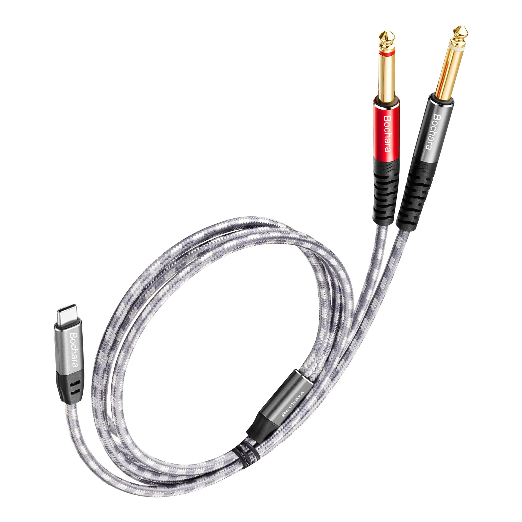 Bochara Braided Type C to Dual 6.35mm Jack OFC Audio Output Cable Built-in DAC IC Chipset 24bit@48KHz Foil+Braided Shielded