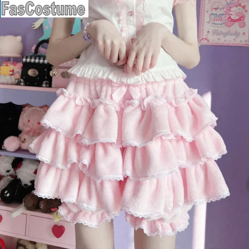 

Autumn Winter Warm Lolita Safety Shorts Women Harajuku Y2k Bow JK Plush Pumpkin Pants Coral Fleece Bloomers Sweet Cute Knickers