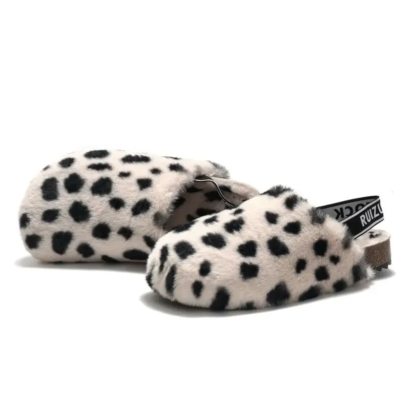 

Autumn and Winter Women's Cork Sole Baotou Sandals 2024 Leopard Print Polka Dots Plush Slippers Warmth Cotton Shoes for Women