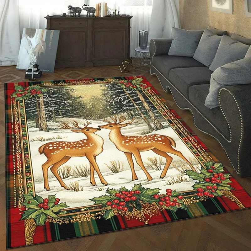 Winter Deer Christmas Rug for Festive Season  Snowy Landscape Carpets  Holiday Home Decor Anti slip carpet can be machine washed