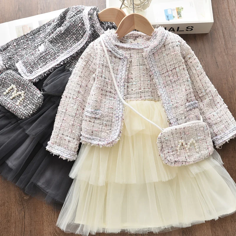 Kids Baby Girl Winter Clothes Girls Coats And Patchwork Sleeveless Dress Outfits Children's Elegant Tweed Sets With Pearls Bags