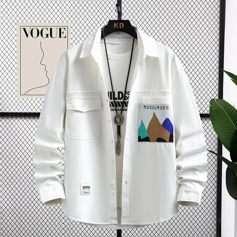 

Teenage Men's Denim Jaet Spring Autumn irt Sle Collar Trendy Brand Youth National Print Long Sve Workwear Coat