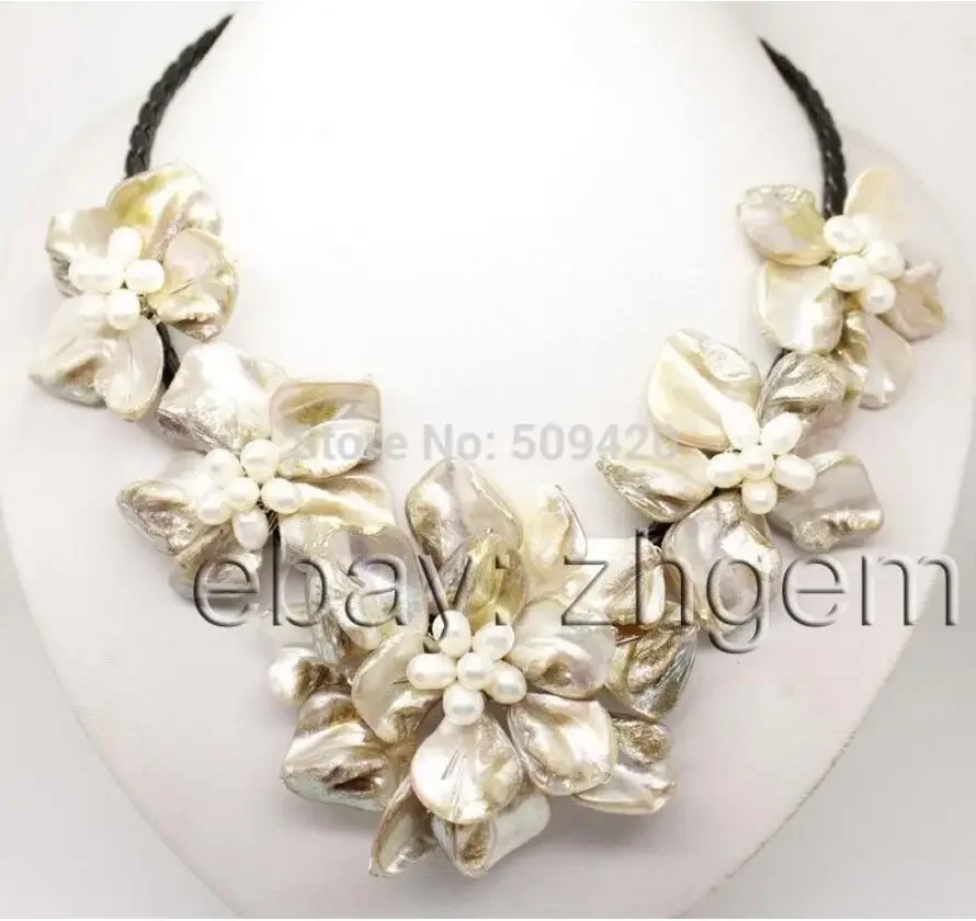

natural white pearl shell mother of pearl 5 flower pendant necklace 18" long