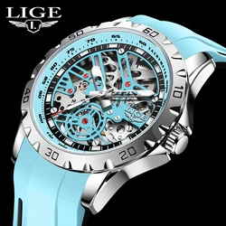 LIGE New Fashion Automatic Movement Male Wristwatches Silicone Strap Tourbillon Mechanical Watches for Men Waterproof Man Watch