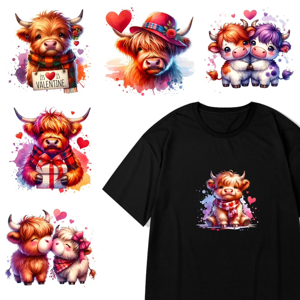 6 Pcs Cute Highland Cow Valentine Transfers Sticker On Clothes casual style. for Clothing T-Shirt Jeans Applications Iron on