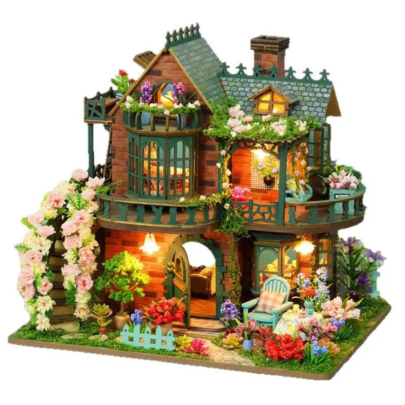 Casa delle bambole in legno fai-da-te Elfo Garden Villa in miniatura con kit di mobili Casa 3D assemblare giocattoli per bambini Regalo di compleanno per adulti Casa