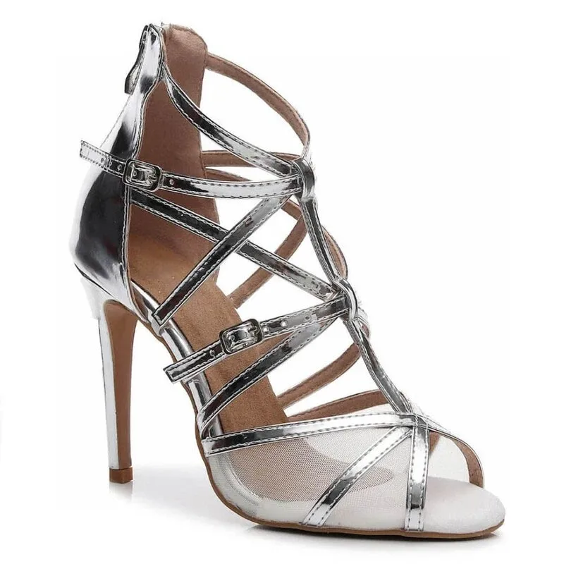 Evk Women Silver PU Latin Dance Shoes Mesh Open Toe Crisscross Straps Salsa Ballroom Tango Shoes Sneaker Dancing Sandals Heels