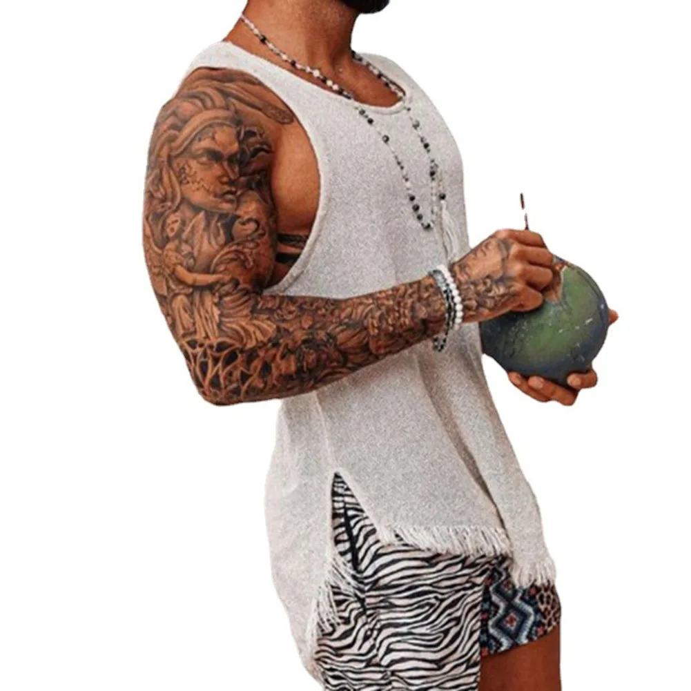 Male Vest Holiday Sports Summer T-shirt Tassels Vintage Breathable Knitted Mesh O Neck Sleeveless Men\'s Tank Tops