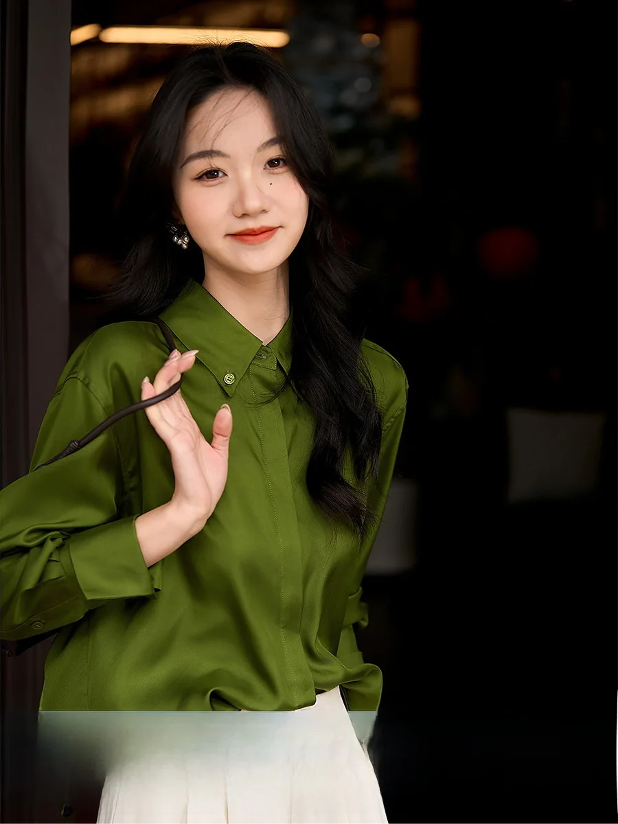 

Весна 2026: Женская шелковая рубашка цвета кашемира, с длинным рукавом, укороченная, прямого кроя, в стиле OL, удобная, дышащая, модный топ