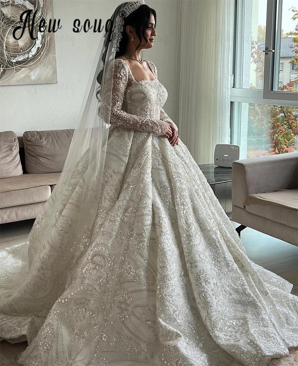 Long Sleeve Lace Appliques Wedding Dress Luxury Beading Ball Gowns Bridal Dresses Plus Size Custom Made For Women Dubai Vestido