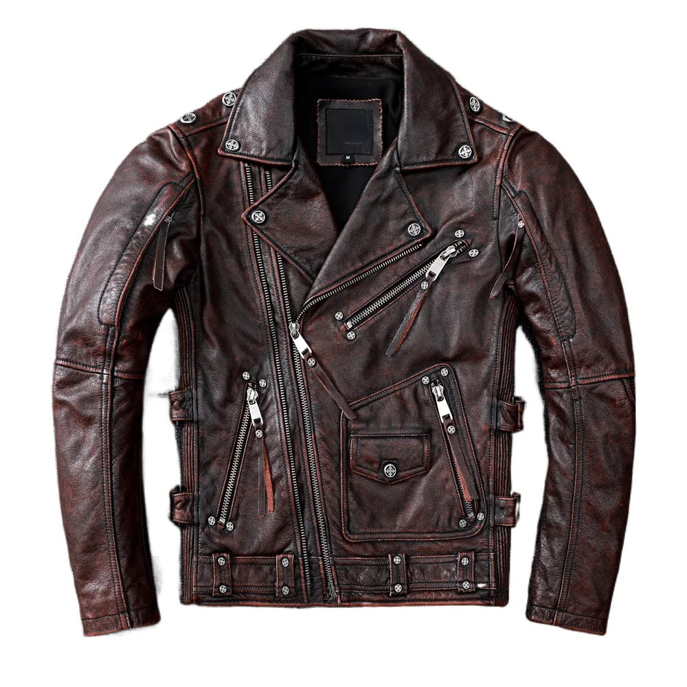 

Vintage Brown Motorcycle Leather Jacket Men Natural Genuine Cowhide Jackets Autumn Slim Fit Biker's Ooblique Zipper Coat