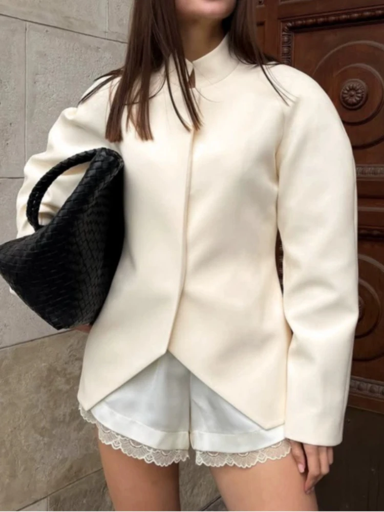 Women Fitted Jacket Solid Stand Collar Raglan Long Sleeve Hidden Zip Irregular Hem Casual Coat  Autumn Fashion Loose Jackets