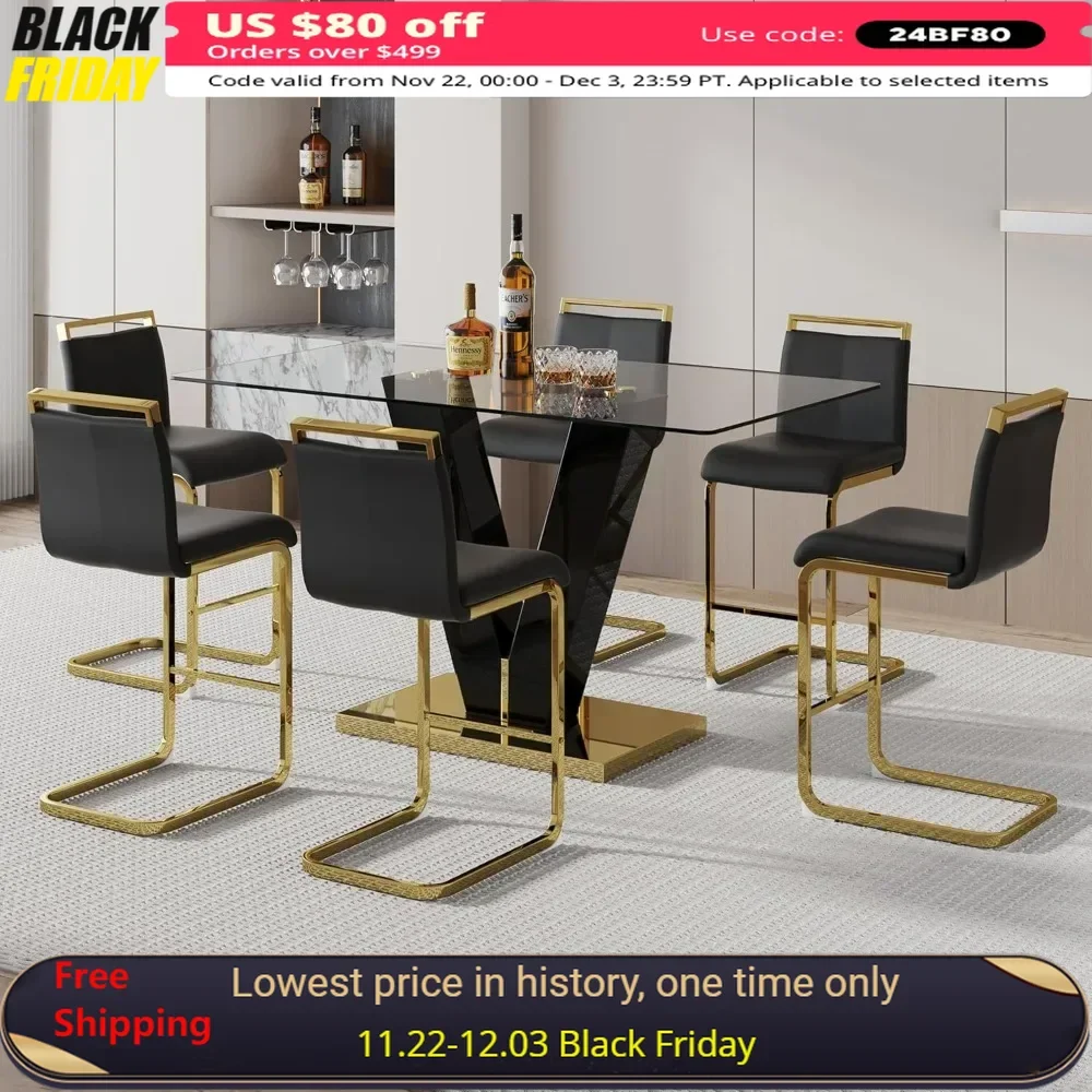 7 Piece Glass Dining Table Set,Tempered Glass Kitchen Bar with V-Base,high Dining Table with6 Leather barstools,Dining Room Sets