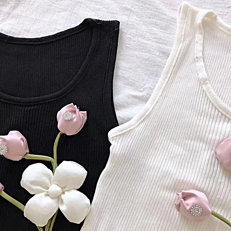 Summer Fashion Chic 3D Flower Knitted Vest Women Round Neck Sleeveless Tank Top Y2k Top Crop Tops Women Clothing