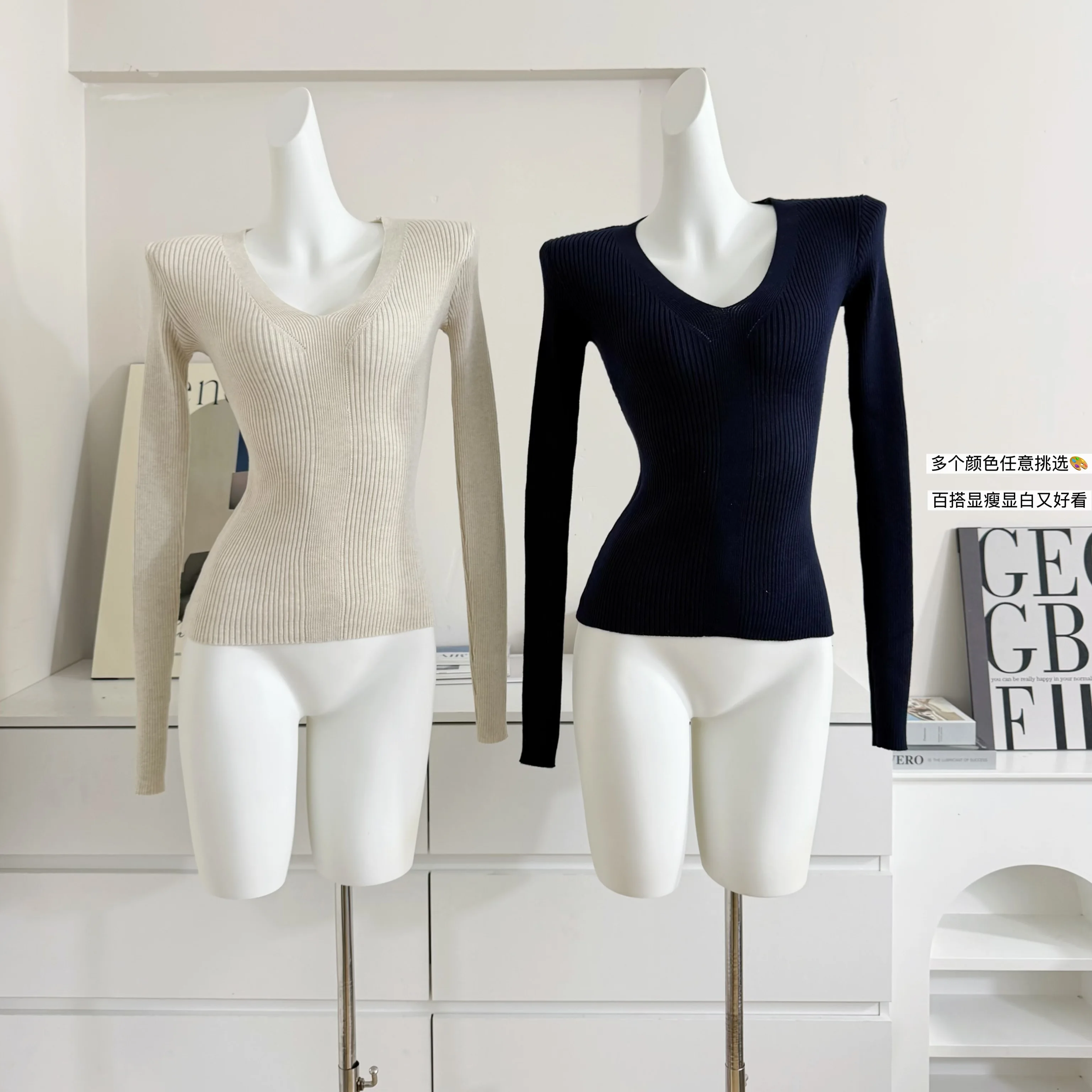 

Women's Autumn Winter V Neck Long Sleeve Slim Sweater Lady Elegant Solid Color Pullover Basic Jumper