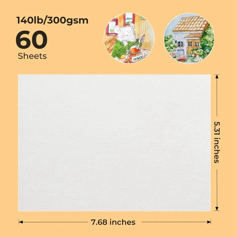 Bulk White Aquarela Papel, Cold Press, Acid-Free, 50% Cotton, 140Lb, 300Gsm, 7.68X5.31 Polegada, 60 Folhas