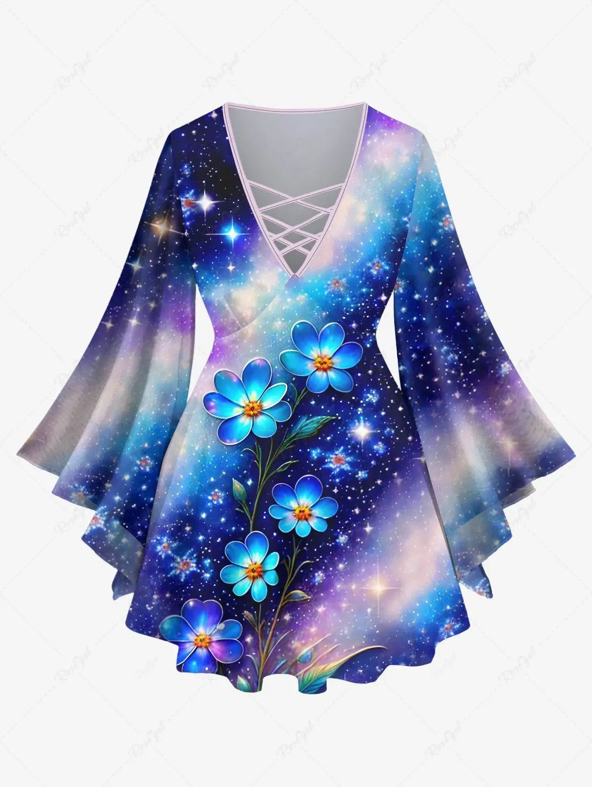 Women\'s New Flare Sleeve Top or Flare Pants Daily Casual Matching Set 3D Flowers Dewdrop Waterdrop Galaxy Stars Sequin Print Set