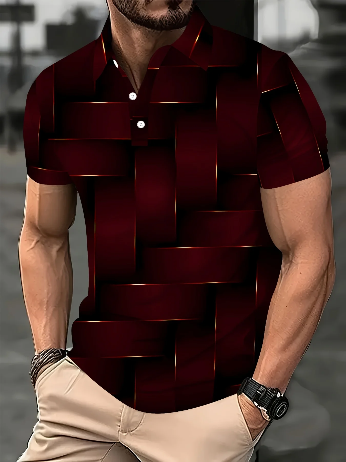 Polo Casual para Hombre con Estampado Digital de Líneas Geométricas Doradas, Negro y Dorado, Manga Corta con Detalle de Botones