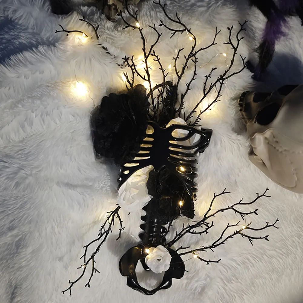 Holiday Wreath With Skeleton Flowers Battery Powered Front Door Garland For Home Bedroom