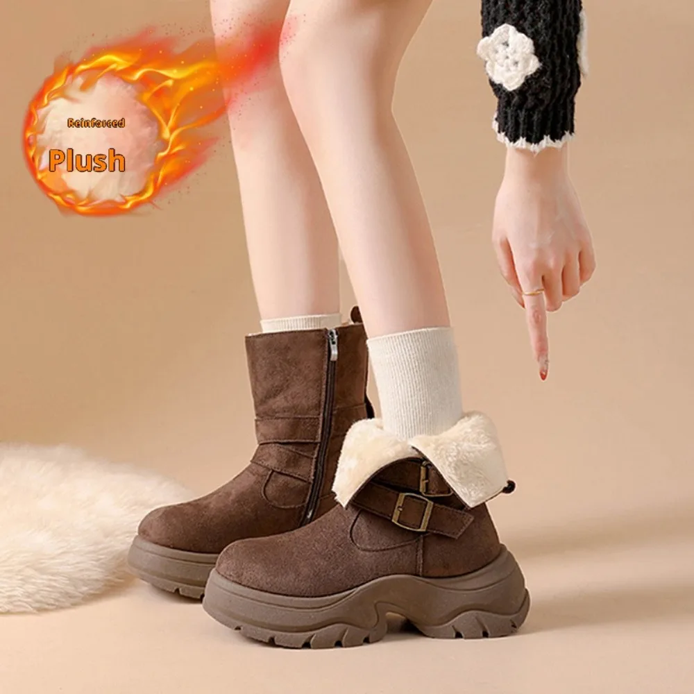 

2025 Ladies Shoes Mid-Calf Women's Boots Fashion Belt Buckle Daily Winter Plus Velvet Keep Warm Comfortable Snow Boots