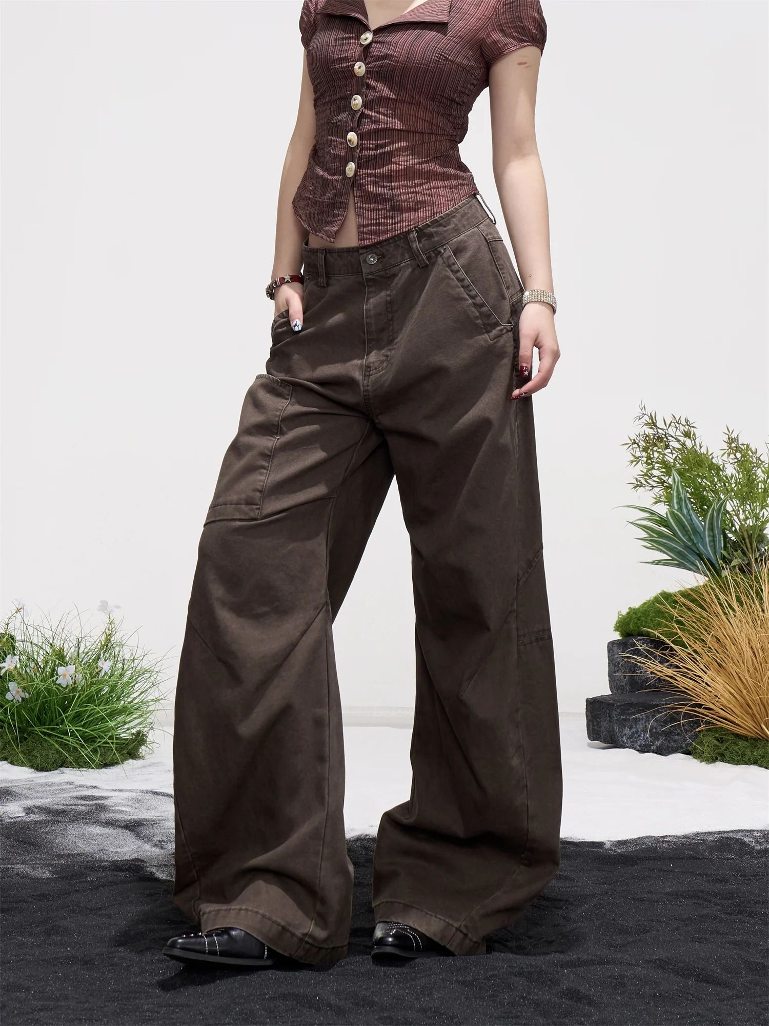 

American Style Retro High Waist Wide Leg Pants Women Loose Straight Casual Trousers Spring Fashion Slimming Drapey Floor-Length