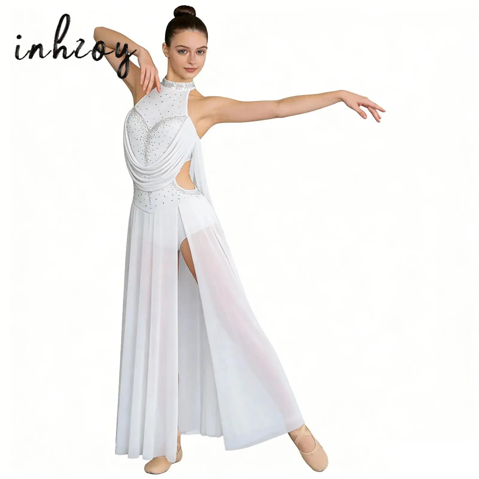 

Womens Lyrical Modern Dance Long Dress Contemporary Dancewear Halter Rhinestones Split Dress for Performance Competition Costume