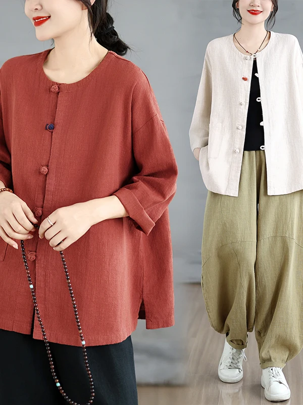 High-End New Chinese Style Women's Large Size Artistic Retro Button Tea Clothes Open Cardigan Outerwear Elegant Fashionable