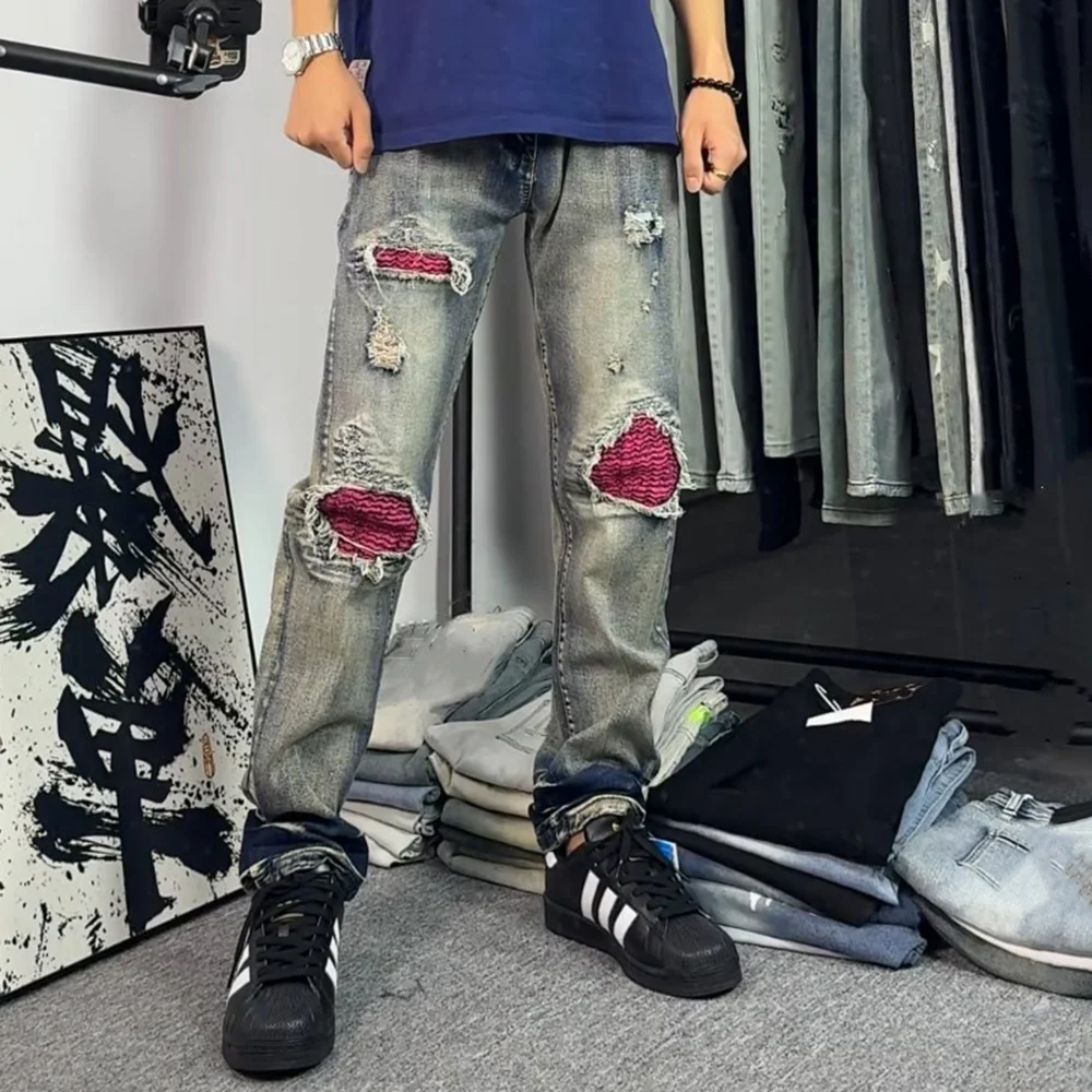 

2025 Summer New Men's Ripped Contrast Color Denim Pants Y2k Harajuku American Trend Retro Fashion Hip-hop Niche Loose Men Bottom