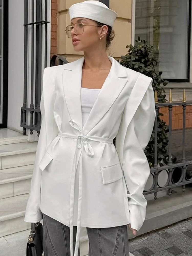 Elegant Drawstring V-Neck Blazer For Women Long Sleeves Loose Patchwork Commute Autumn 2025 New Coat Female Blazers Coat