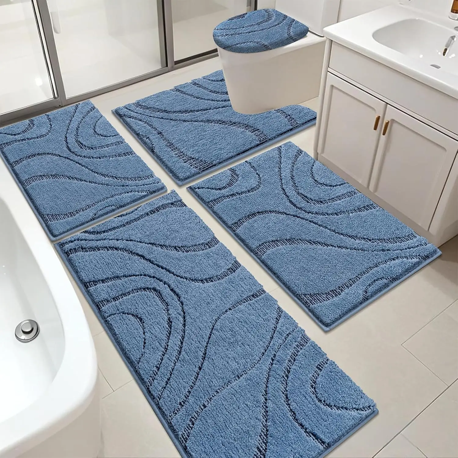 

5-Piece Bathroom Rug Set, Soft Absorbent Microfiber, Non-Slip Washable Mat with Toilet Cover and Runner, Dark Blue