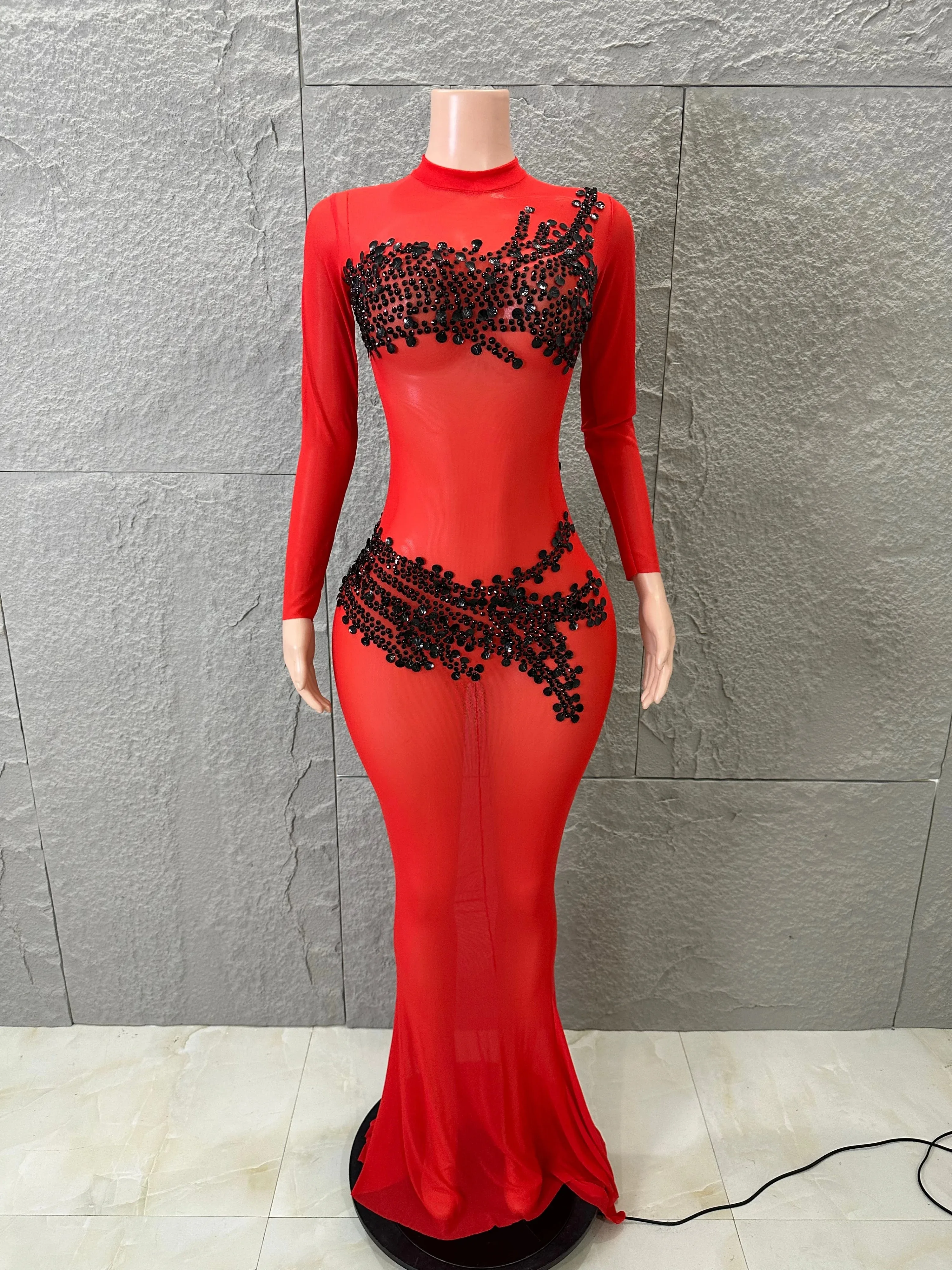 Women High Neck Long SleeveRhinestone Sequin Embellished Bodycon Stage Costume Refined Luxurious Nude Sheer Mesh Maxi Dress