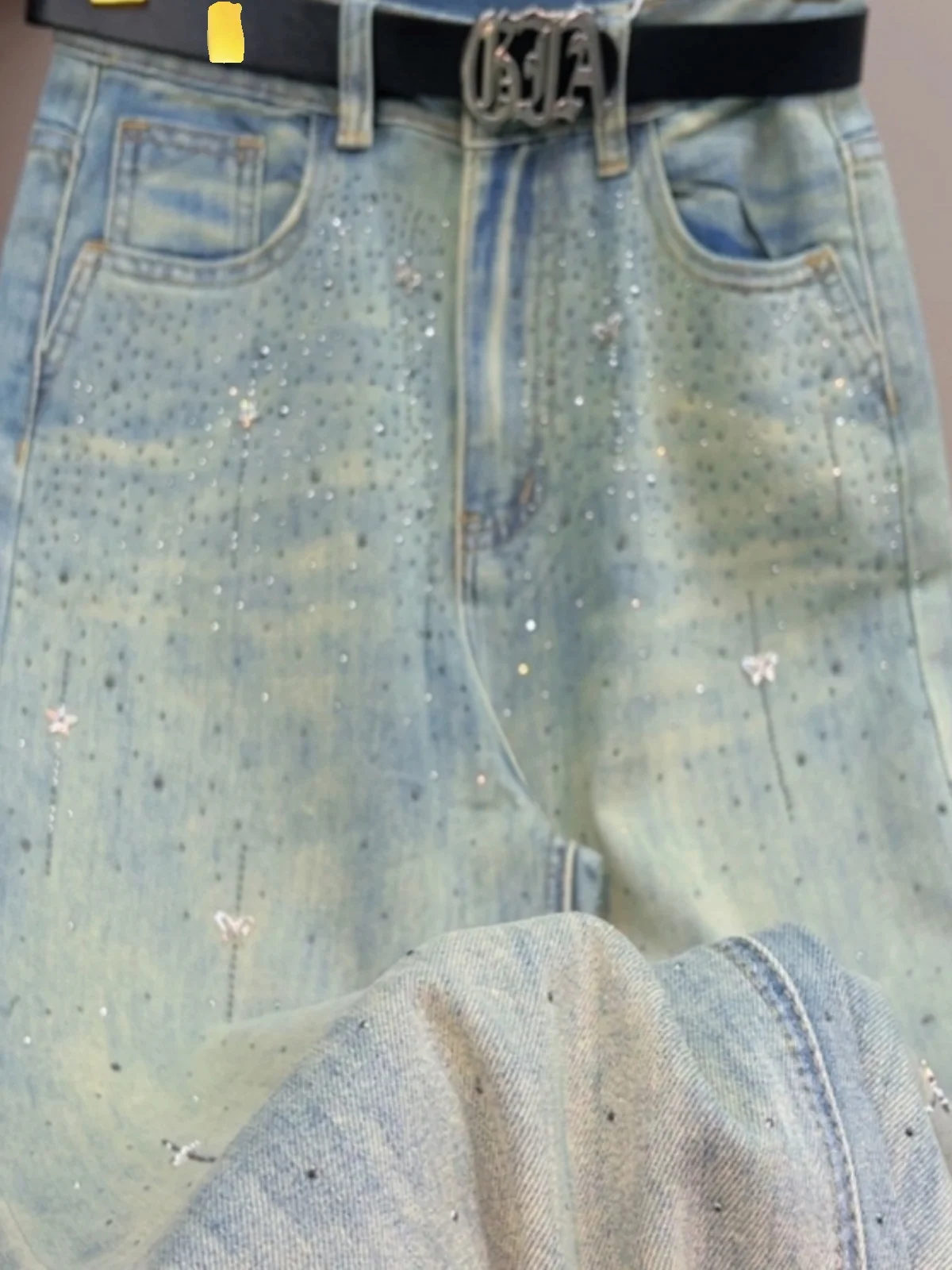 

Женские джинсы с высокой талией и широкими штанинами, свободного кроя, с декоративной отделкой, из плотного денима, весна-лето, новинка, стройнящие, струящиеся