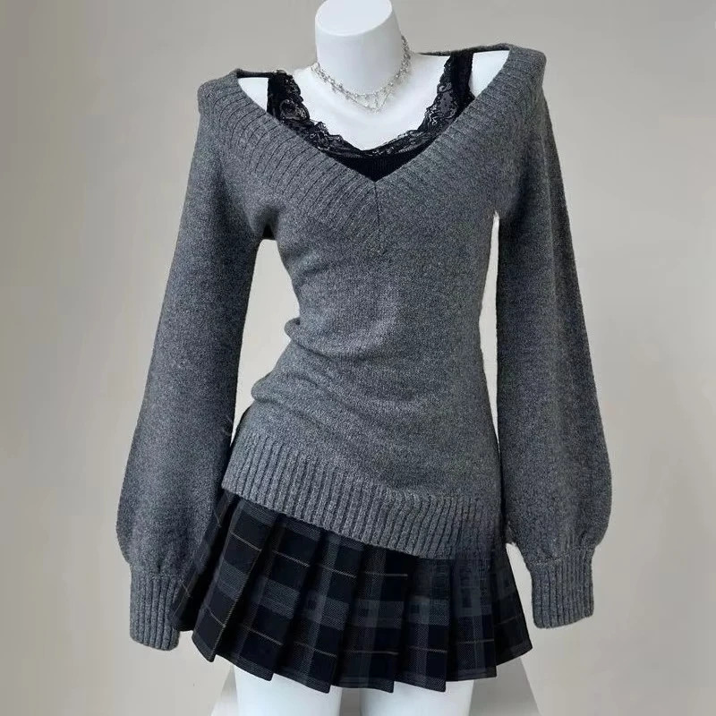 Y2k Women Sweaters V Neck Solid Autumn Winter Vintage Slim Fit Short Pullovers Korean Fashion Casual Pulls Femmes