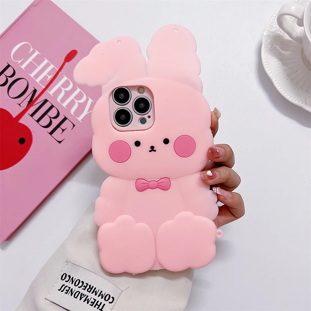 Kawaii Pink Plump Bunny Bead Chain Phone Case for S26 Ultra Crossbody Strap Silicone Cover for SamSung Galaxy S25 S24 S23 A57