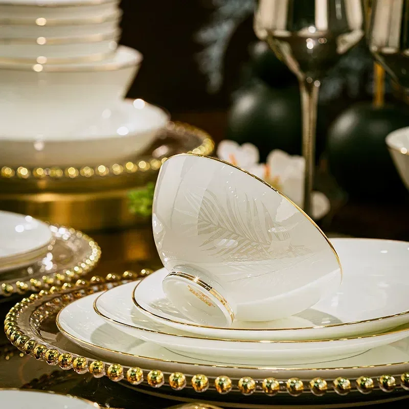 Bone China Dish Set Pure White Simple High End Jingdezhen Ceramic Tableware for Household Housewarming Gift