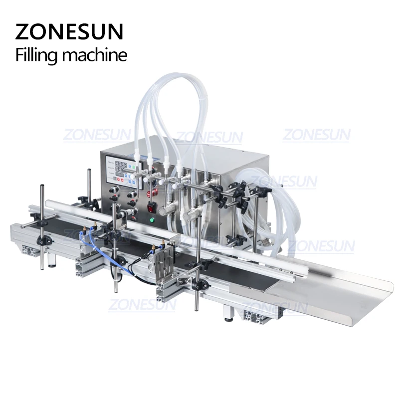 Zonesun 4 노즐 마그네틱 펌프 자동 데스크탑 cnc 액체 물 필러 컨베이어 110 v-220 v 향수 충전 기계에 대 한