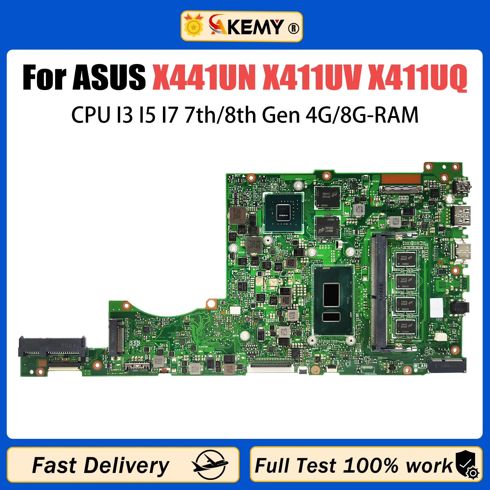 AKEMY X441UN Mainboard X411UV X411UQ S4000V S4200V A411U K411U F411U Laptop Motherboard CPU I3 I5 I7 7th/8th Gen 4G/8G-RAM