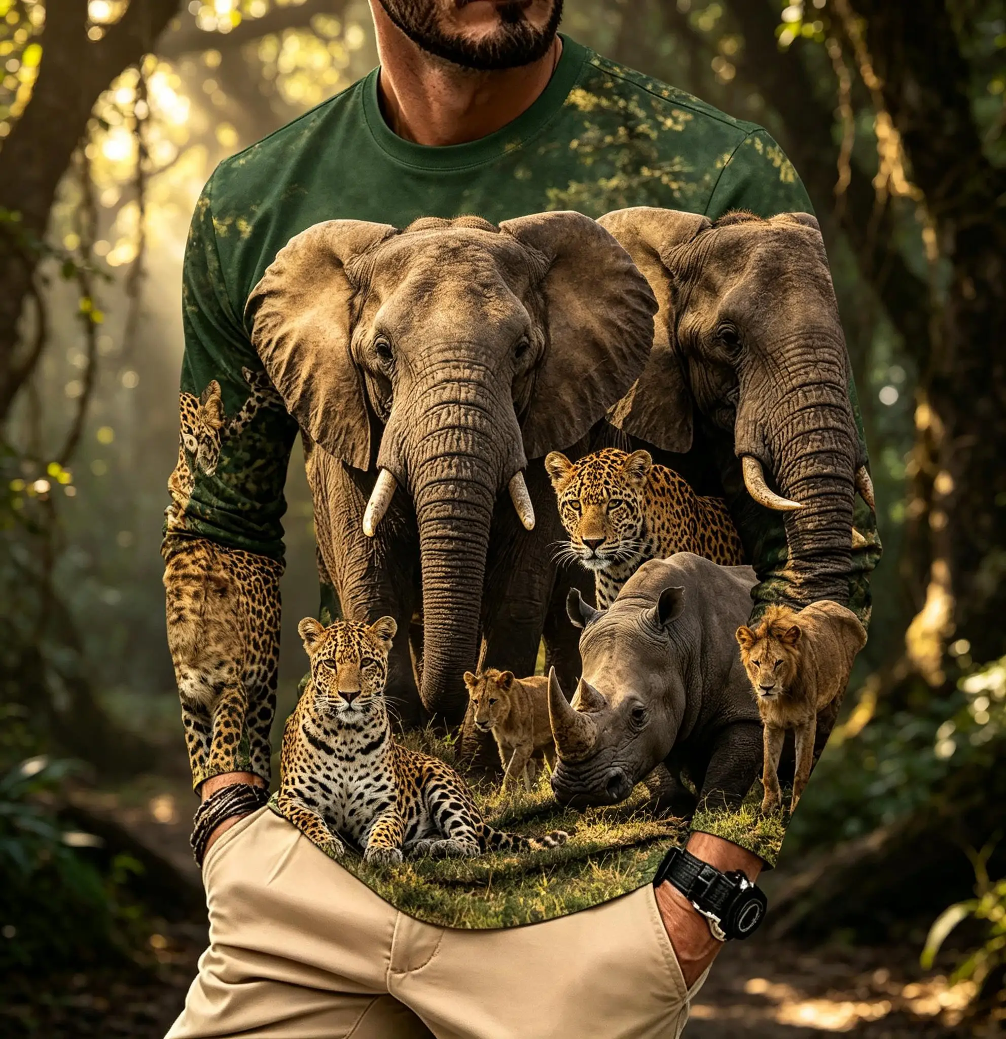 Men Wildlife Long Sleeve Tee, African Savanna Elephant Leopard Rhino Lion Sunset Allover Print Casual Shirt