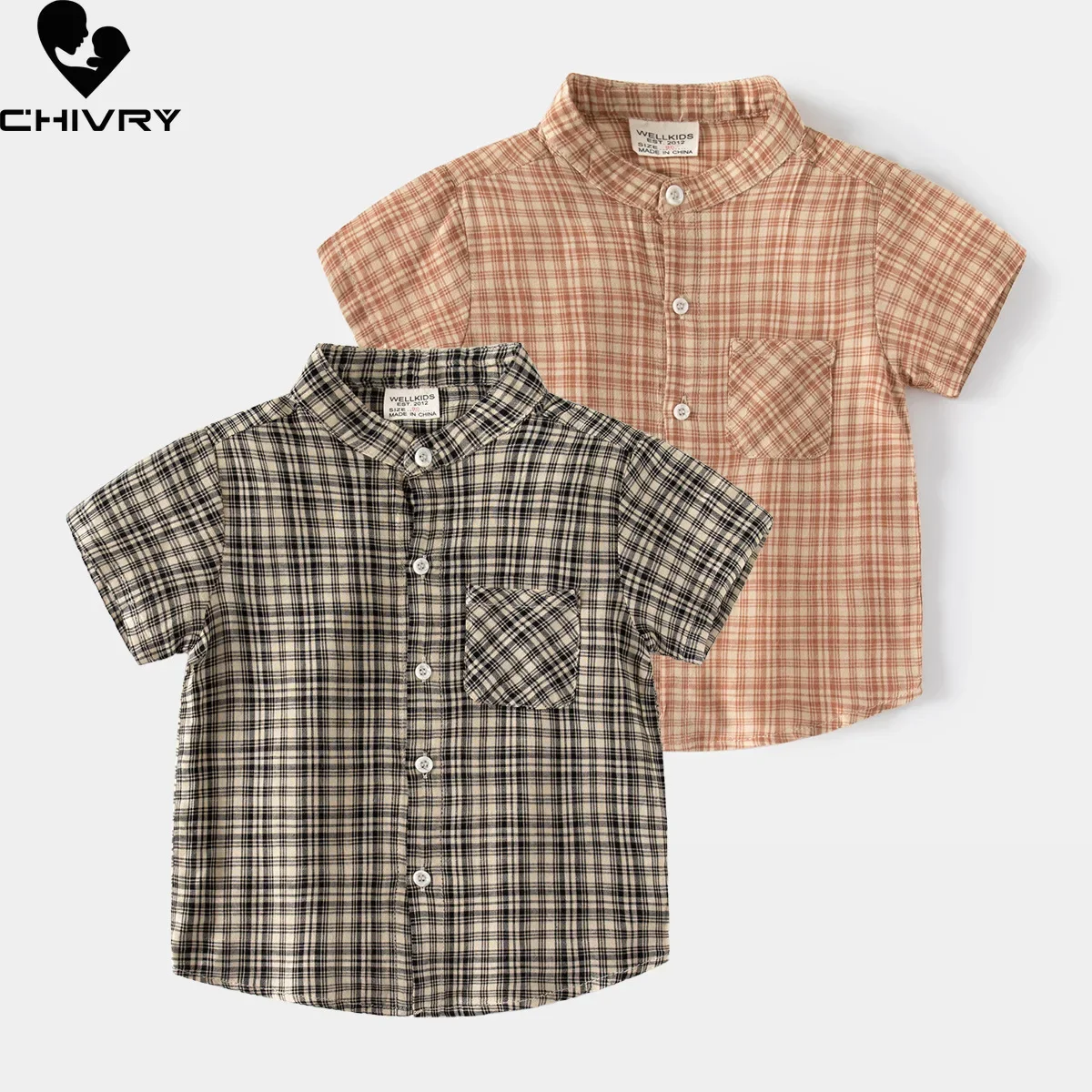 

New 2024 Boys Summer Classic Plaid Shirts Kids Fashion Short Sleeve Stand Collar Blouse Shirt Children Casual Tops Clothing