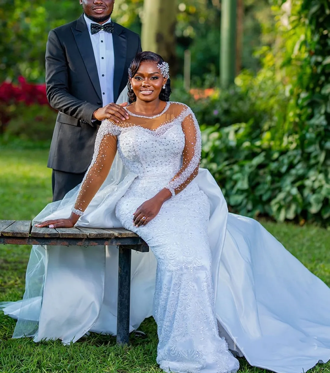 2026 Свадебное платье русалки со съемным шлейфом, прозрачное свадебное платье с длинными рукавами и вышивкой из бисера для невесты