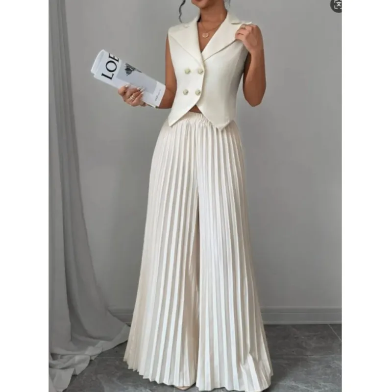

Women's Fashion Solid Color Office Suit Casual Suit Fashion Elegant Vest Jacket Pleated Culotes Two Piece Women's Wear