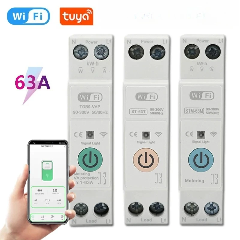 WiFi 63A Smart Circuit Breaker Over Under Voltage Protector Automatic Reclosing With Power Metering APP Control