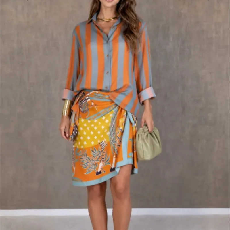 Spring Autumn Striped Printed Lapel Shirt Two-piece Set Women's New Fashion Mini Skirt Suit Lady Elegant Beach Vacation Outfit