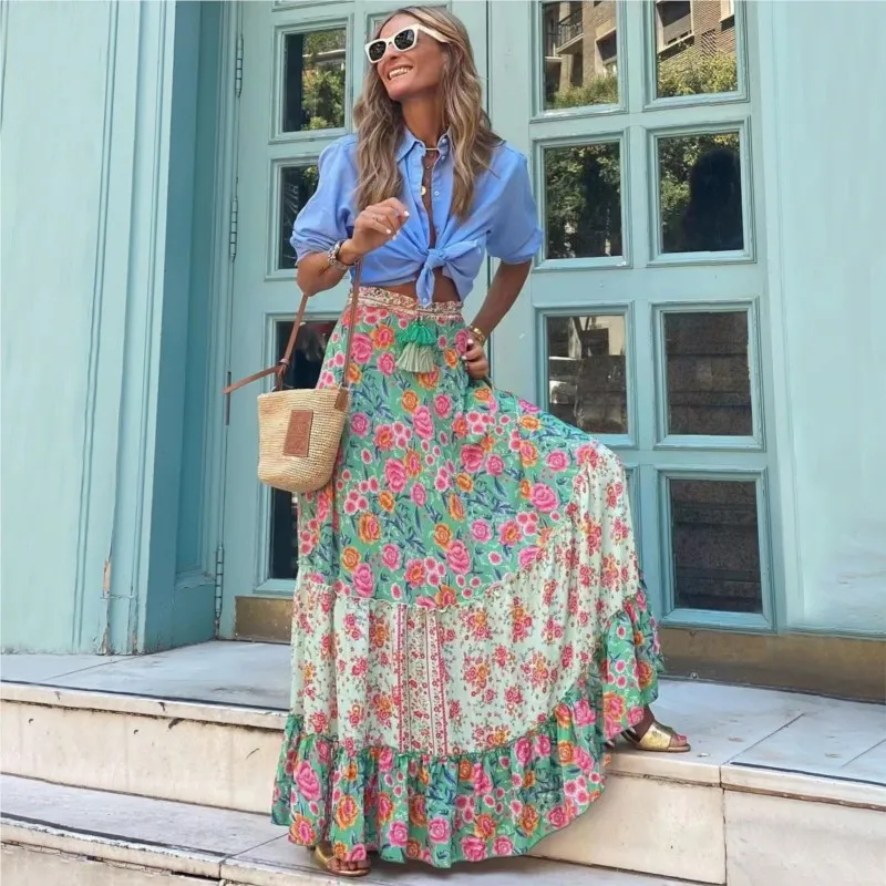 Blue Big Swing Half Skirt For Women 2024 New Product A-line Swing Flower Printed Half Skirt Ladies Beach Vacation Leisure Style