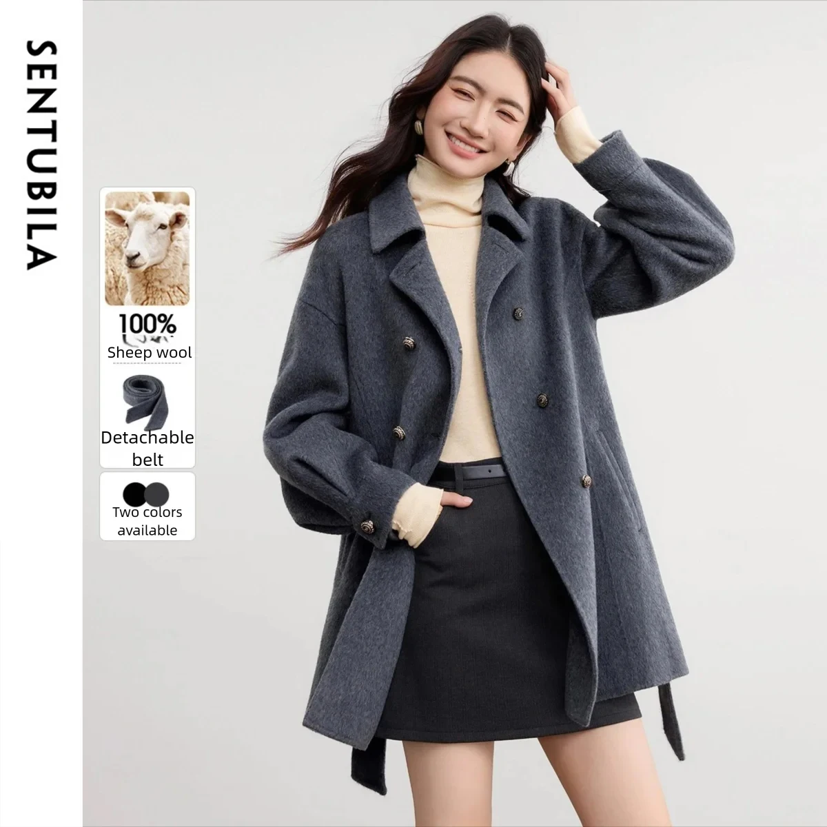 SENTUBILA Mid-Length Wool Coat for Woman 2026 Winter Solid Detachable Belt Jackets Double-sided Woolen Coats Elegant W54OG3688X